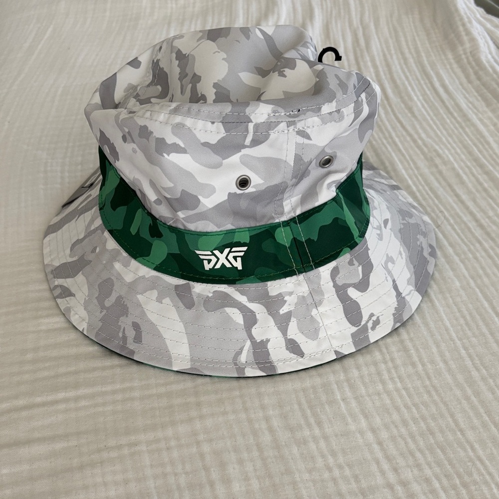 PXG Gray Camo Bucket Hat with Green Accent